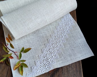 Wedding table runner, Ivory burlap table runner with white lace, Farmhouse runner