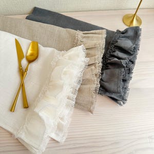 Linen kitchen towels for farmhouse decor, Ruffled tea towels in soft washed linen, Custom tea towels, Bulk linen hand towels available image 7