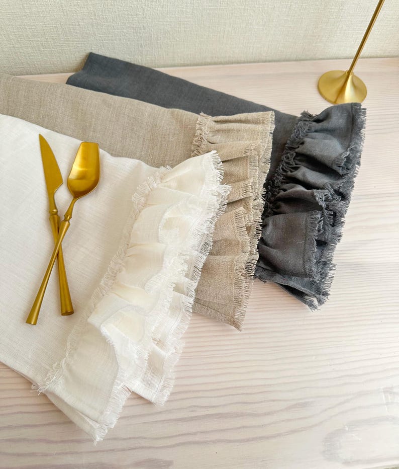 Linen kitchen towels for farmhouse decor, Ruffled tea towels in soft washed linen, Custom tea towels, Bulk linen hand towels available image 7
