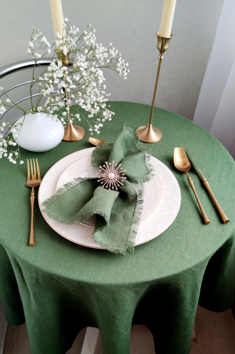 Linen napkin bulk, Moss green cloth dinner napkins, Natural softened fringed linen napkins, Wedding napkins LN 156 image 2