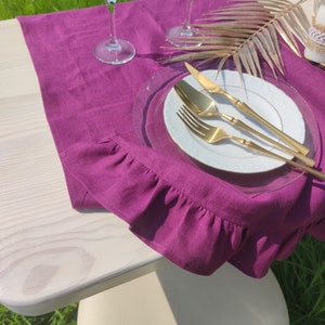 Ruffle linen table runner, Burgundy Linen tablecloth, Washed soft linentable cloth
