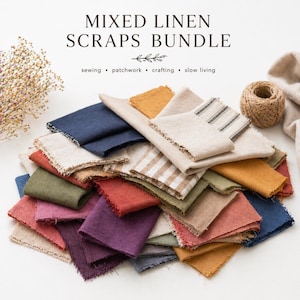 May include: A bundle of mixed linen fabric scraps in various colors, including blue, red, green, and purple. The image includes the text "MIXED LINEN SCRAPS BUNDLE" with the words "sewing, patchwork, crafting, slow living". A ball of twine is also visible.