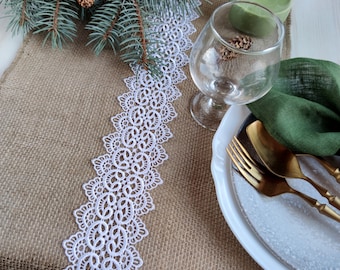 Jute table runner, Table runner burlap with lace, Holiday decor table cloth, Burlap tablecloth