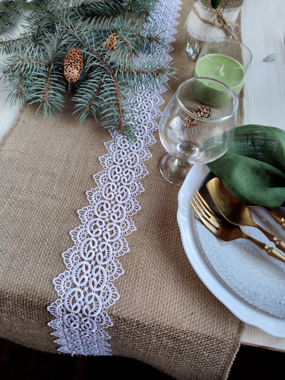 16 ft Burlap Ribbon with Lace Gifts Party Decorations - Natural White