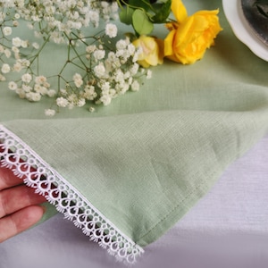 Sage green linen table runner with white lace,  Linen Table Decor, Rustic table runner