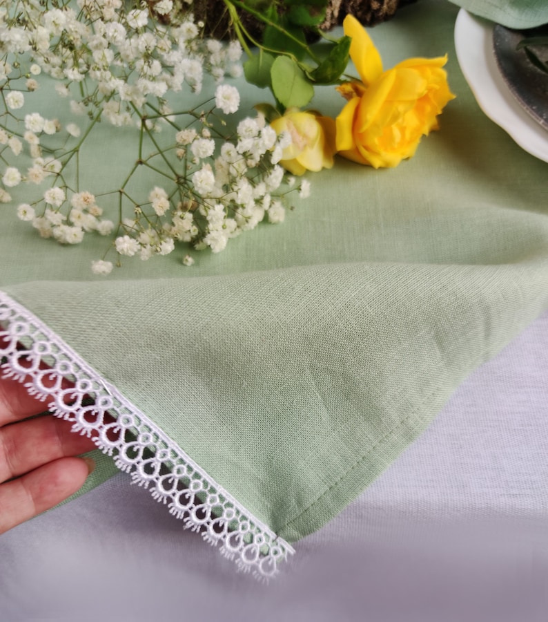 Sage Green Linen Table Runner With White Lace Linen Table Etsy