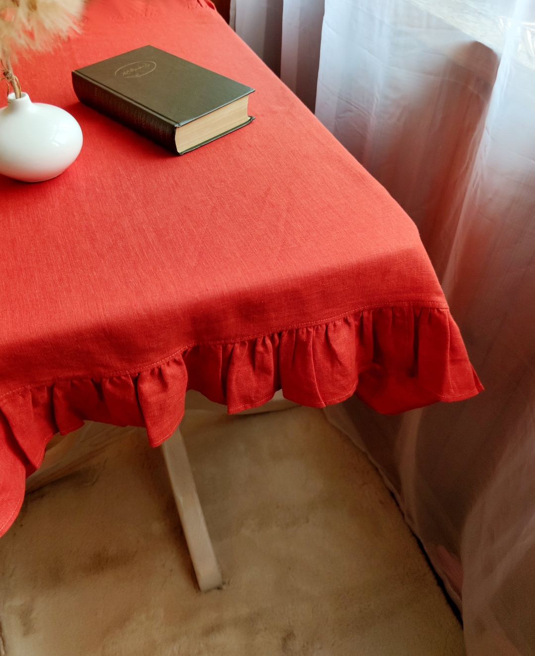 Washed Linen Tablecloth Ruffles 40 Colors, Rust Red Table Cloth, Custom