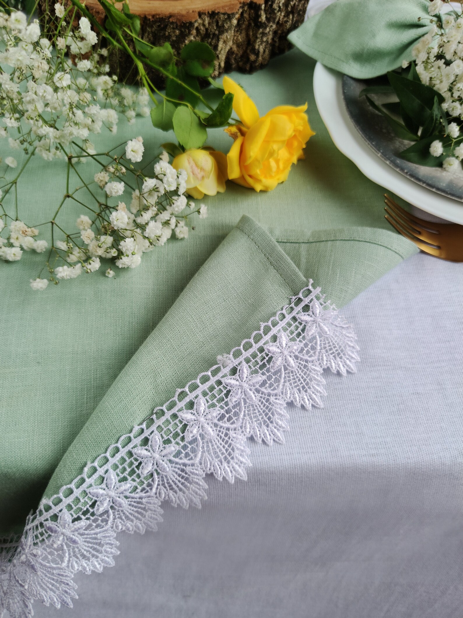 Sage Green Linen Table Runner With White Lace Linen Table Etsy