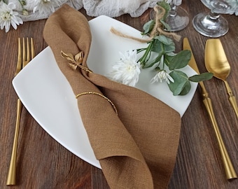Golden Brown linen napkins set for Rustic Wedding table decor or Kitchen Decor,  Reusable cloth dinner napkins bulk, Custom napkins