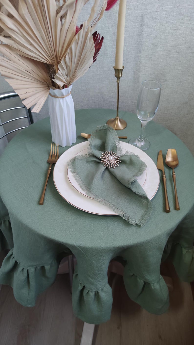 Linen tablecloth for kitchen decor, Custom size cloth in rectangle, oval, or round Sage green boho table cloth Large tablecloth with ruffles image 11