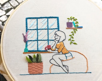 PDF pattern - Girl looking at the window in a rainy day - Modern hand embroidery