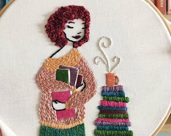 PDF pattern - Curly hair books lover - Modern Hand Embroidery Pattern