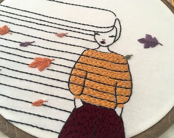 PDF pattern - Autumn girl and leaves falling- modern Hand Embroidery Pattern