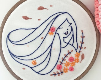 PDF pattern - Girl and flowers in the wind - Modern Hand Embroidery Pattern