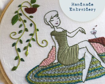 PDF pattern - Girl alone relaxing in a rug - Modern Hand Embroidery Pattern