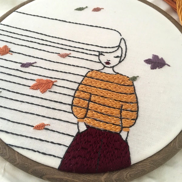 PDF pattern - Autumn girl and leaves falling- modern Hand Embroidery Pattern