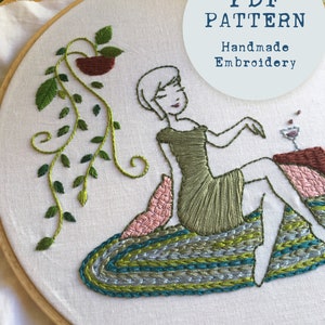 PDF pattern - Girl alone relaxing in a rug - Modern Hand Embroidery Pattern