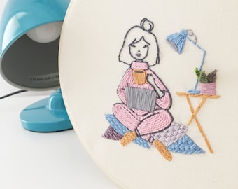 PDF pattern - Comfy home office girl - Modern hand embroidery