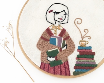 PDF pattern - Love books and coffee - Modern Hand Embroidery Pattern
