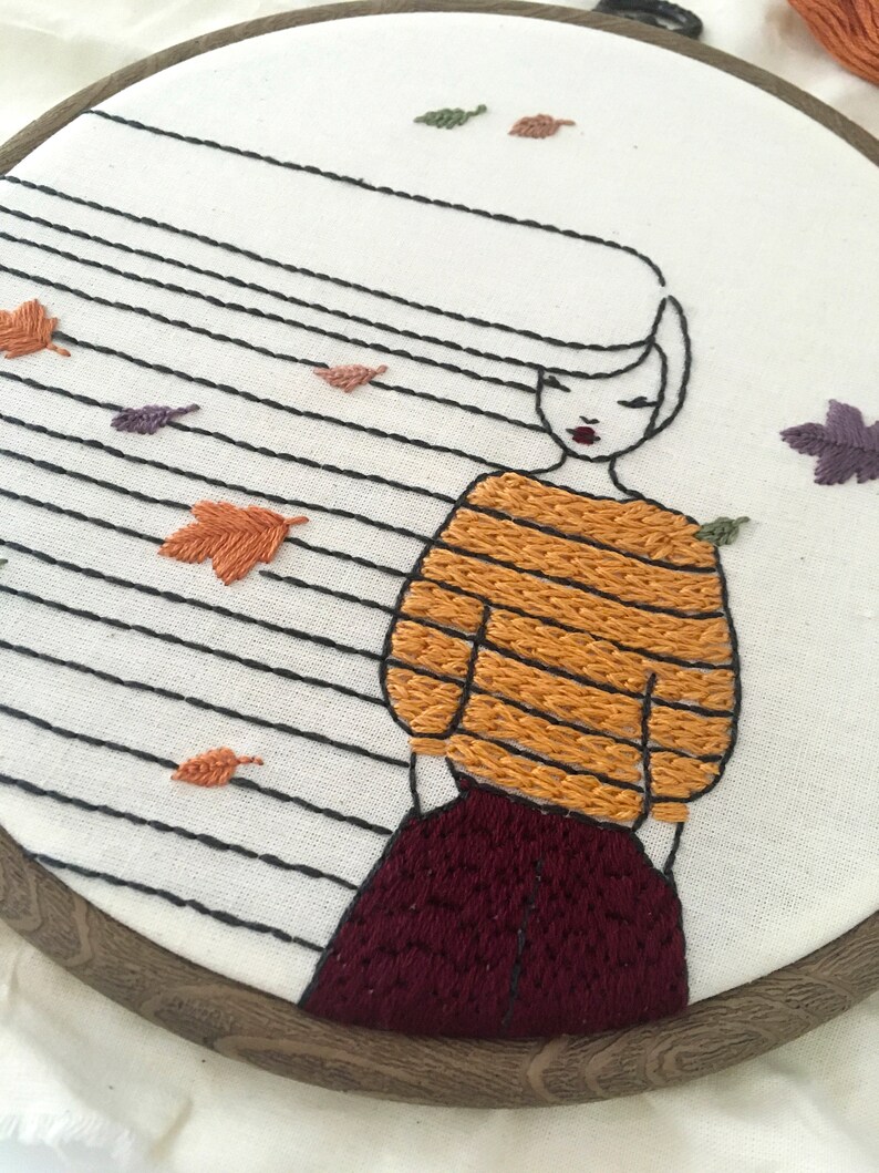 PDF Pattern - Autumn Girl and Leaves Falling- Modern Hand Embroidery ...