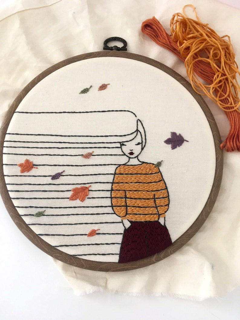PDF Pattern - Autumn Girl and Leaves Falling- Modern Hand Embroidery ...