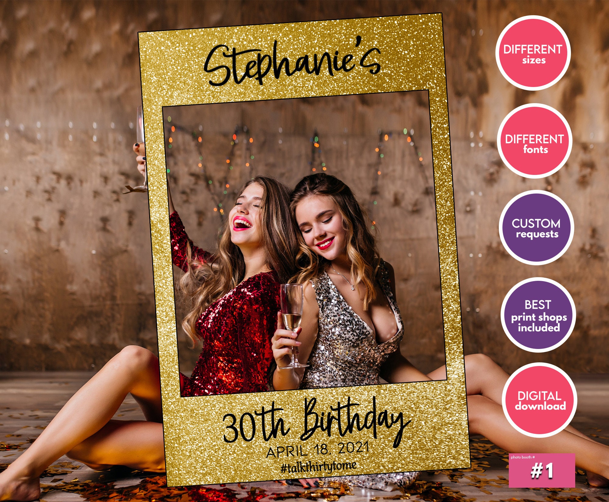 Party Supplies Selfie frame PRINTED 30th Birthday frame Gold Photo