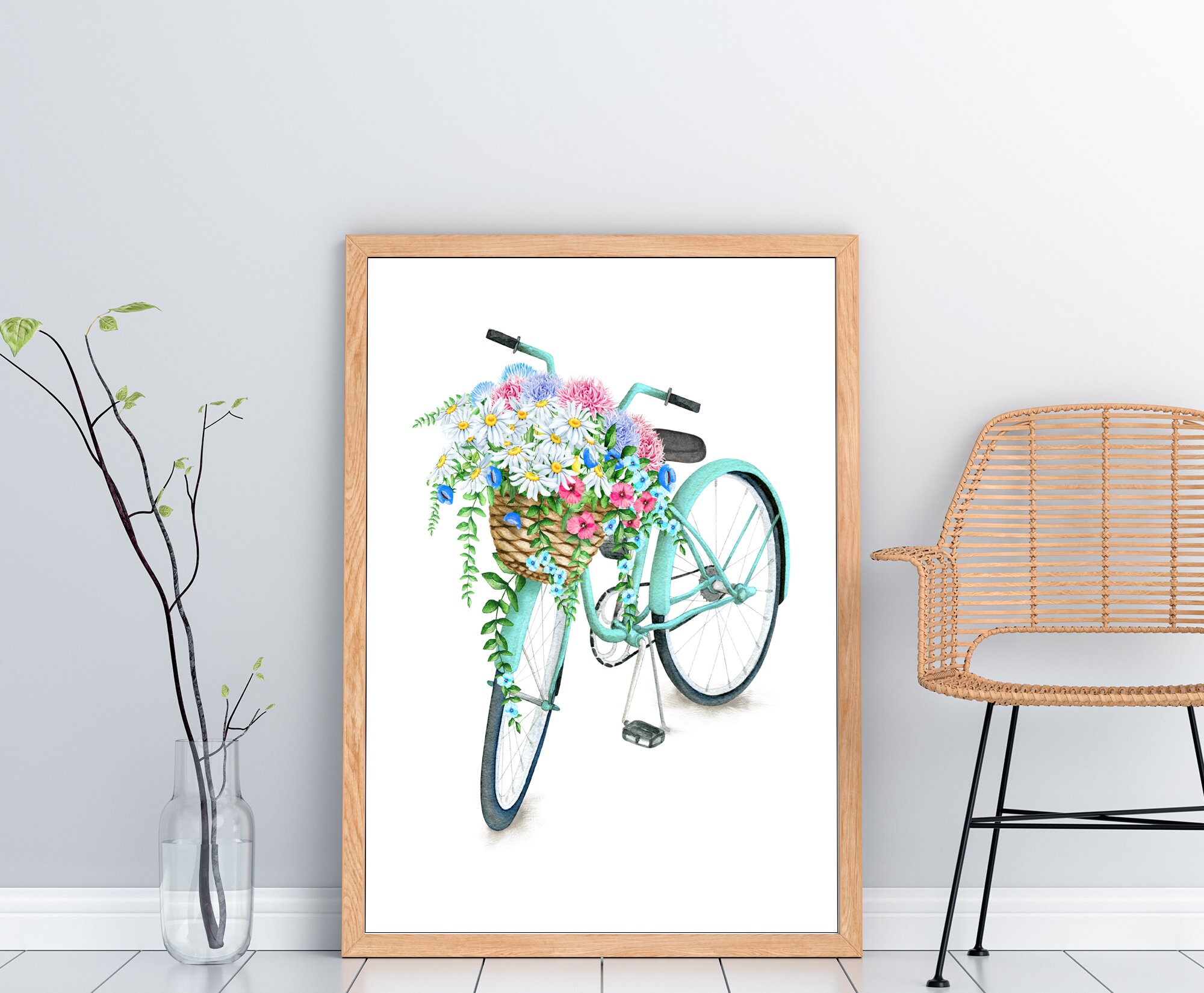 Watercolor Bike Print with a Basket of FlowersBike | Etsy