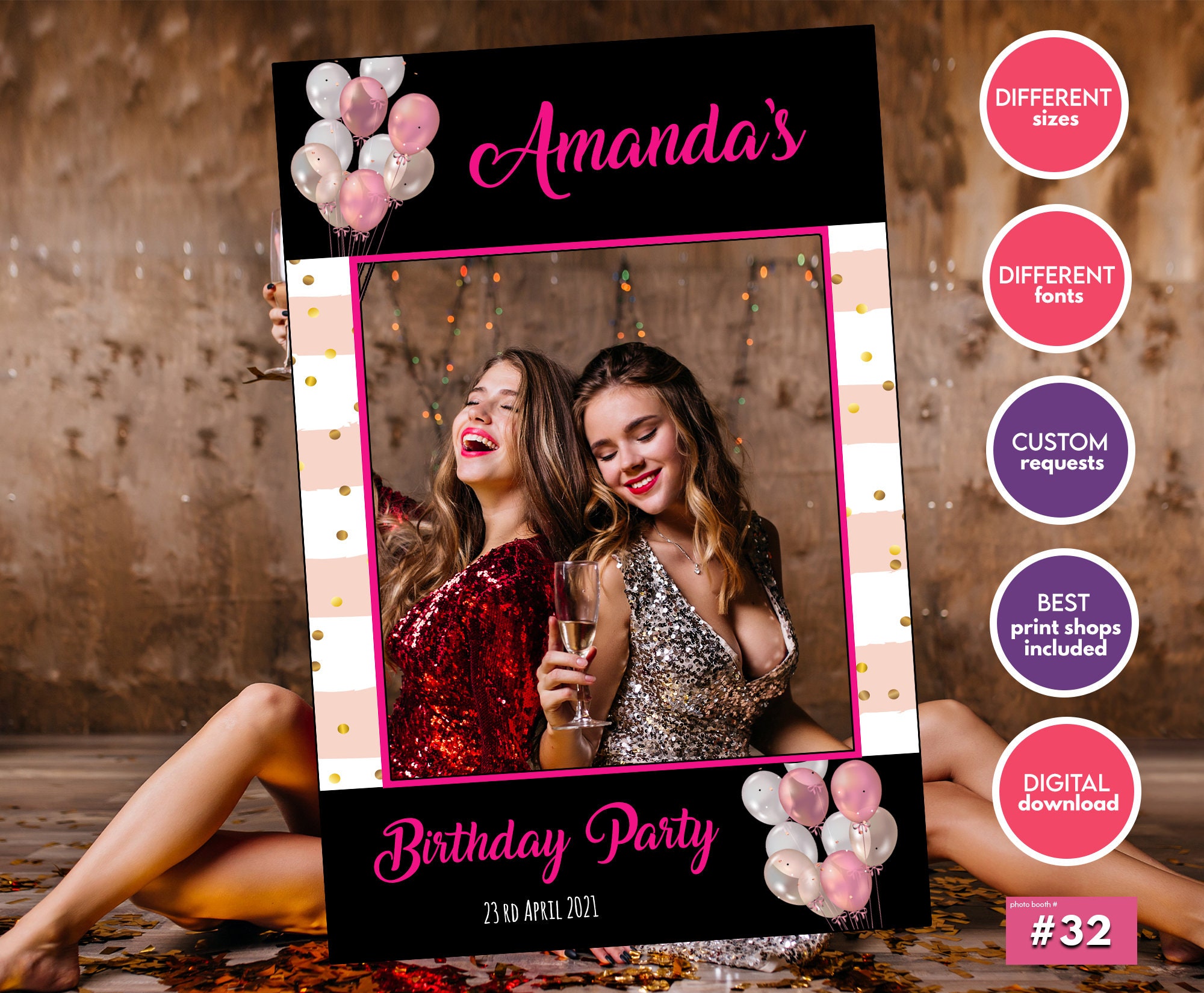 Birthday Photo Booth Frame Rose Black and Gold Photo Booth Etsy UK