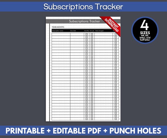 Subscription Tracker Instant Download Subscription Template Editable ...