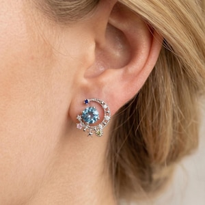 Crescent Moon CZ Stud Earrings: Silver Post, Brass Charm