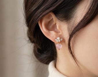 Heart Glass Drop Earrings: Silver Post, Brass Dangle