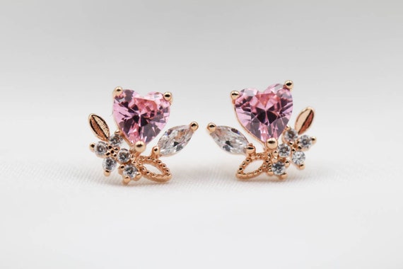 Pink Heart Flower Earrings Pink Earrings Pink Stud Earrings | Etsy