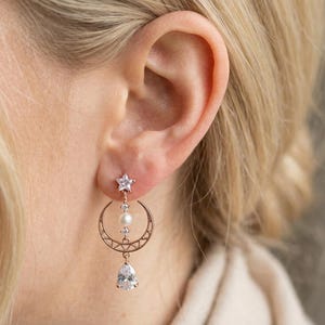 Crescent Moon and Star Pearl Earrings: Brass Celestial Jewelry