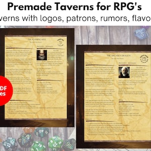 Dungeon Master Taverns con clientes, rumores, posaderos y menús completos con una o dos páginas de texto de sabor para Pathfinder / D&D