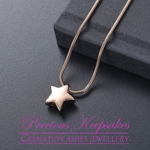 Rose Gold Mini Star Cremation Ashes Necklace - Memorial Jewellery Urn Pendant.  Complete with 18" snake chain and filling kit.