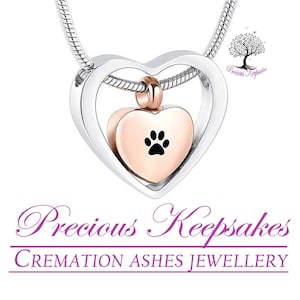 Rose Gold Heart Dog Cat Cremation Ashes Necklace - Memorial Jewellery - Urn Pendant.  Complete with 18" Silver snake chain and filling kit.