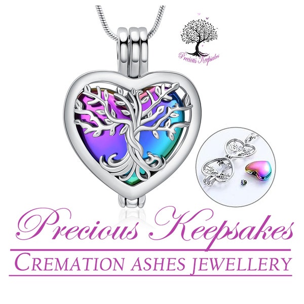 Rainbow Tree of Life Cremation Ashes Necklace - Memorial Jewellery Urn Pendant.  Complete with 18" Silver snake chain and filling kit