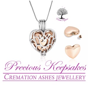 Silver and Rose Gold Heart Cremation Ashes Necklace - Memorial Jewellery Urn Pendant.  Complete with 18" Silver snake chain and filling kit