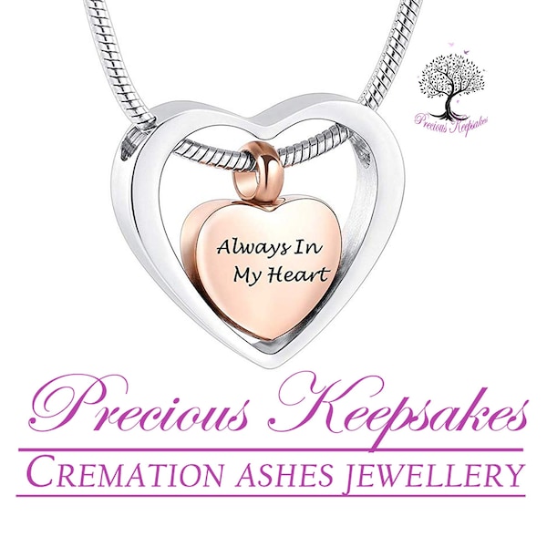 Rose Gold and Silver Heart Cremation Ashes Necklace - Memorial Jewellery - Urn Pendant.  Complete with 18" Silver snake chain & filling kit.