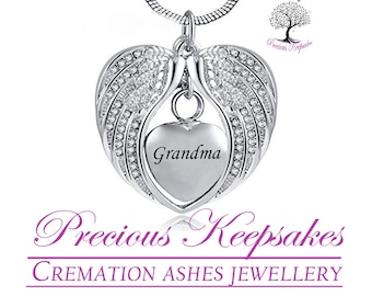 Grandma Diamante Angel Wings Cremation Ashes Necklace - Memorial Keepsake Jewellery Urn Pendant. With 18" Silver chain and filling kit.