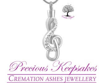 Diamante Music Note Cremation Ashes Necklace - Funeral Memorial Jewellery Urn Pendant.  Includes 18" Silver chain and filling kit.