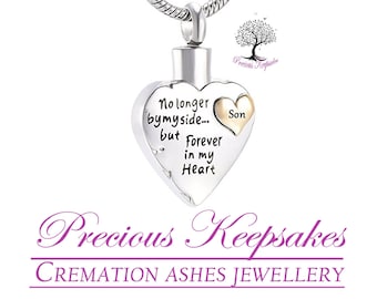 Son No longer by my side, Cremation Ashes Necklace Memorial Jewellery Urn Pendant.  Complete with 18" Silver snake chain & filling kit