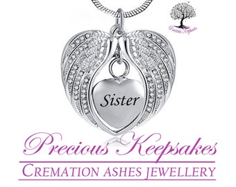 Sister Diamante Angel Wings Cremation Ashes Necklace - Memorial Keepsake Jewellery Urn Pendant. With 18" Silver chain and filling kit.