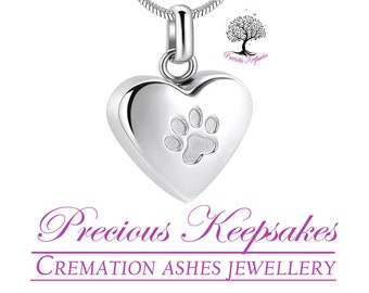 Pawprint Heart Dog Cat Cremation Ashes Necklace - Memorial Jewellery - Urn Pendant.  Complete with 18" Silver snake chain and filling kit.