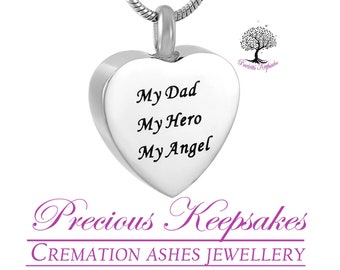 My Dad, My Hero, My Angel Cremation Ashes Necklace - Memorial Jewellery Urn Pendant.  Complete with 18" Silver snake chain and filling kit.