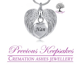 Nan Diamante Angel Wings Cremation Ashes Necklace - Memorial Keepsake Jewellery Urn Pendant.  With 18" Silver chain and filling kit.