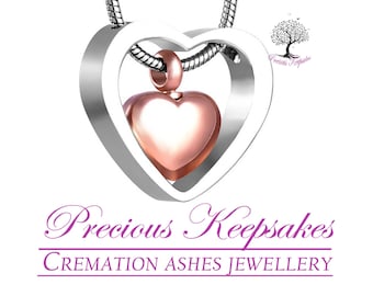 Rose Gold and Silver Heart Cremation Ashes Necklace - Memorial Jewellery - Urn Pendant.  Complete with 18" Silver snake chain & filling kit.