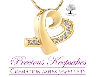 Gold Diamante Heart Cremation Ashes Necklace - Funeral Memorial Keepsake Jewellery - Urn Pendant. Complete with 18" chain and filling kit.