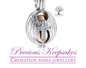 Silver and Rose Gold Cross Cremation Ashes Necklace - Memorial Jewellery Urn Pendant.  Complete with 18" Silver snake chain and filling kit