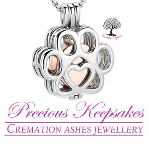 Rose Gold Heart Dog Cat Cremation Ashes Necklace - Memorial Jewellery - Urn Pendant.  Complete with 18" Silver snake chain and filling kit.